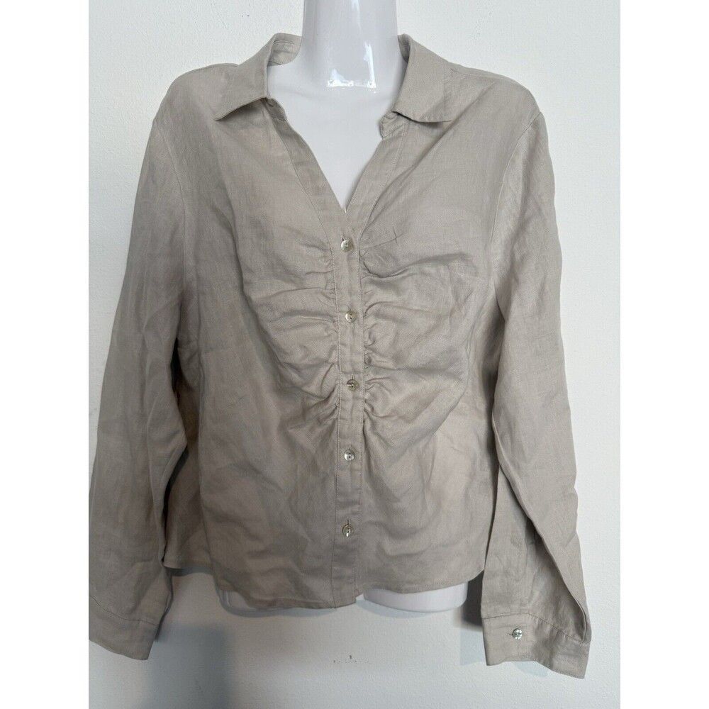 Tahari Long Sleeve 100% Linen Button Up Shirt XL Tan Womens Minimalist Lagenlook